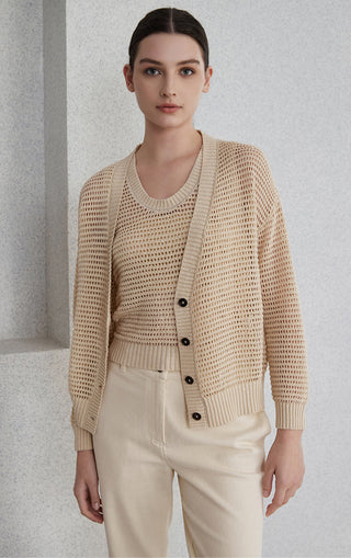 Camel openwork knit cardigan with V-neck, button-front closure, ribbed cuffs