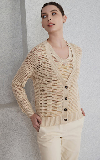 Camel openwork knit cardigan with V-neck and dark buttons, ribbed hem and cuffs