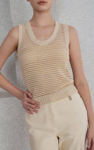 Camel openwork knit tank with subtle sequins and ribbed scoop neckline