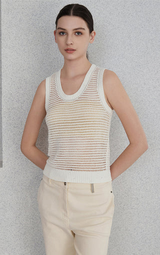 Beige openwork knit tank with subtle sequins, ribbed scoop neck and hem