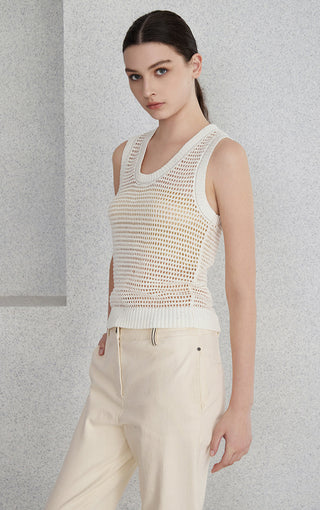 Beige sleeveless openwork knit tank with subtle sequins and ribbed neckline