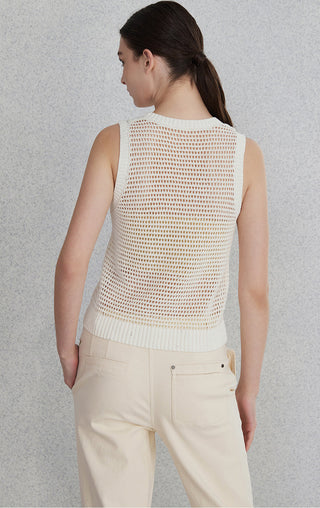 Beige openwork knit tank, sleeveless back view with ribbed knit trim