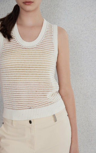 Beige linen openwork knit tank with subtle sequins, sleeveless scoop neck