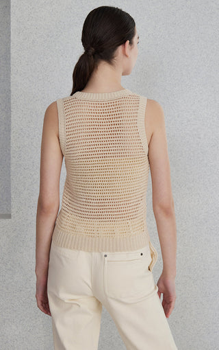 Camel openwork knit tank with subtle sequins, sleeveless back view