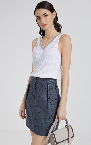 White ribbed knit V-neck sleeveless tank top with fitted ribbed body