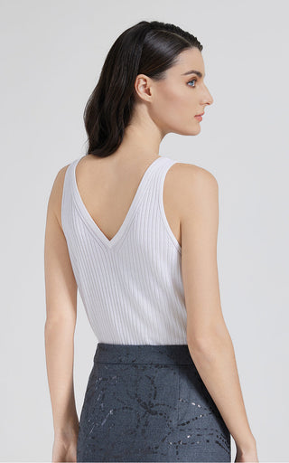 White ribbed knit V-neck tank, deep back V, sleeveless