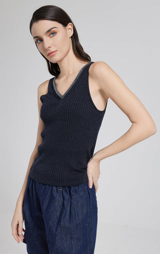 Graphite ribbed knit tank top, V-neck, sleeveless, embellished neckline trim