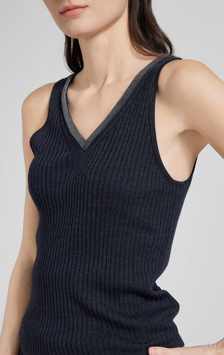 Graphite ribbed knit V-neck tank, sleeveless, ribbed texture at neckline