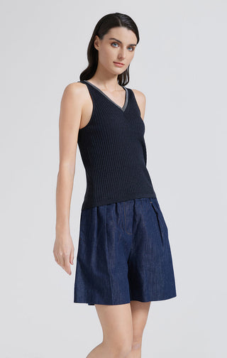 Graphite ribbed knit V-neck sleeveless tank top with fitted ribbed body