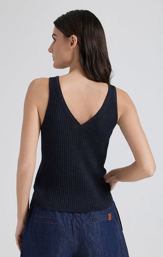 Graphite ribbed knit V-neck tank, deep back V, sleeveless