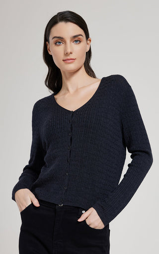 Graphite gray wool-silk open-neck sweater, single-breasted buttons, textured knit