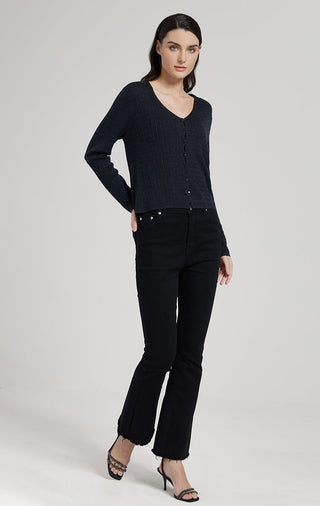 Graphite gray open-neck single-breasted sweater with button front, long sleeves