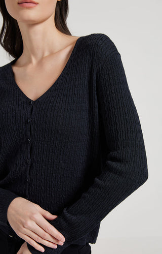 Graphite gray open-neck sweater close-up, front buttons and cable-texture knit
