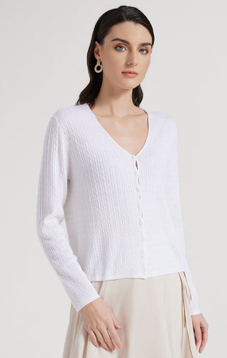 White wool-silk open-neck sweater, single-breasted button front, textured knit