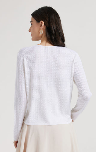 White wool-silk sweater back view, long sleeves, textured knit with smooth hem