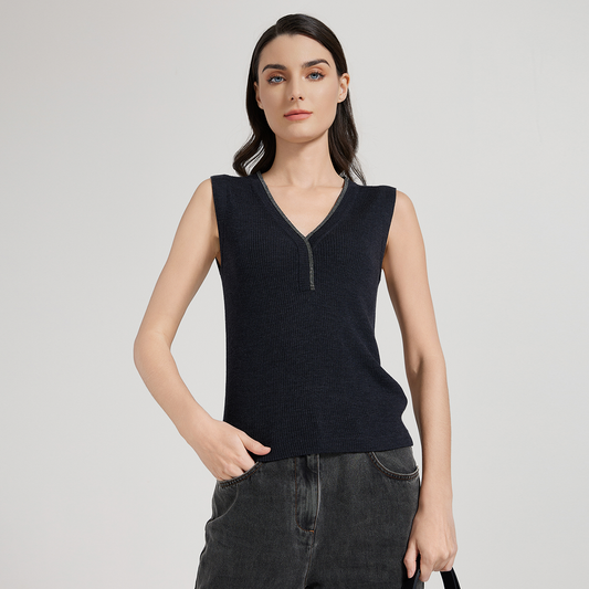 2025 Women's simple solid color wool silk V-neck vest sweater