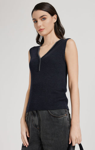 Graphite gray wool-silk ribbed knit tank top with V-neck and half-zip placket