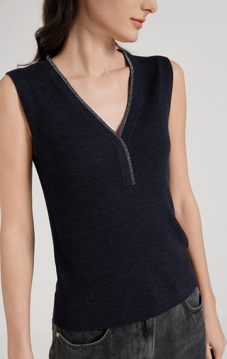 Graphite gray ribbed knit tank top close-up, V-neck and half-zip placket detail