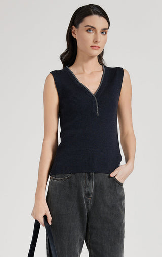 Graphite gray ribbed knit tank top, sleeveless V-neck with zipper placket detail