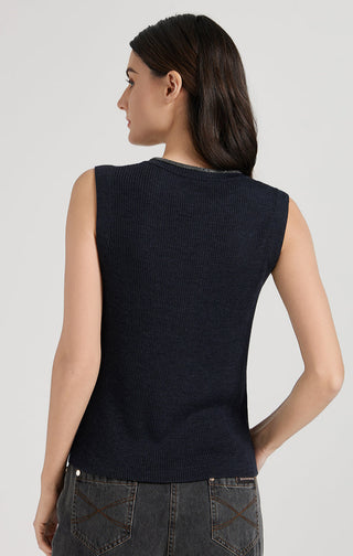 Graphite gray ribbed knit tank top shown from the back, sleeveless ribbed texture