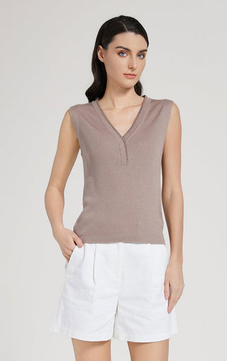 Camel wool-silk blend ribbed knit tank top, sleeveless V-neck and placket