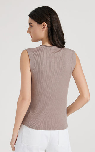 Camel ribbed knit tank top shown from the back, sleeveless with ribbed texture
