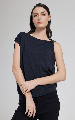 Dark gray short-sleeve top with lace-up neckline and draped shoulder