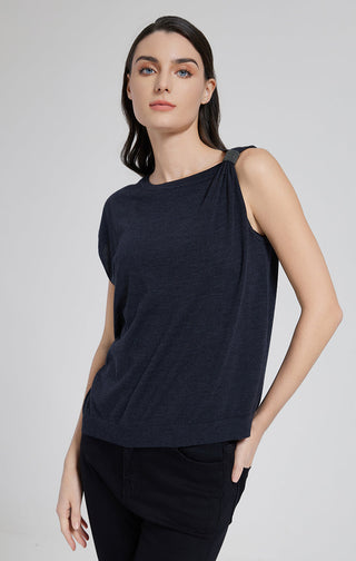 Dark gray short-sleeve top with gathered lace-up neckline and relaxed silhouette