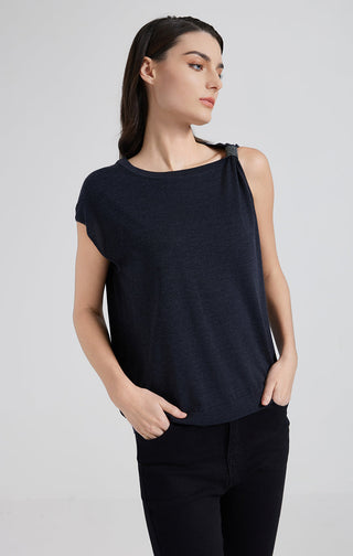 Dark gray short-sleeve top front view with draped lace-up neckline