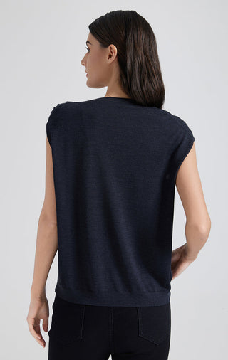 Back view of dark gray short-sleeve top with tied neckline detail