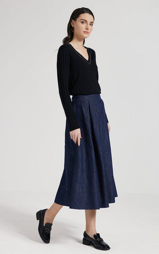 Black long-sleeve ribbed knit V-neck top, fitted waist with neckline edging