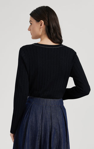 Black ribbed knit top showing back view with V-neck and long sleeves