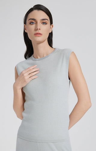 Wool-silk blend tank top in sage green, ribbed sleeveless knit with shiny crew trim