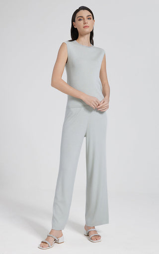 Sage green wool-silk blend sleeveless tank top, straight hem and shiny crew neckline trim