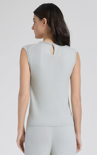 Sage green wool-silk blend tank top, back view with small keyhole neck cut