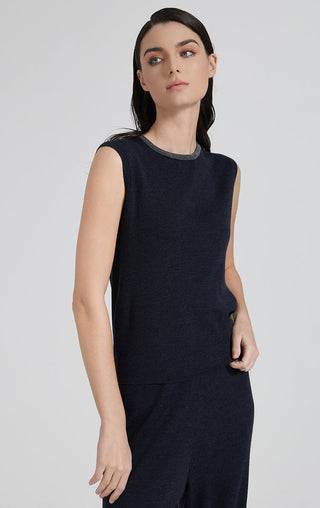 Dark gray wool-silk blend tank top, sleeveless, crew neck with shimmering edge