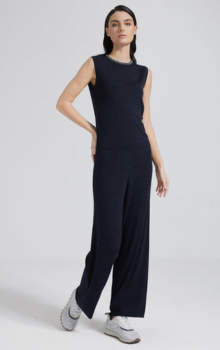 Dark gray wool-silk blend tank top with shiny crew neckline and straight hem