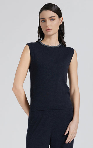 Wool-silk blend tank top in dark gray with sleeveless cut and shiny neckline trim