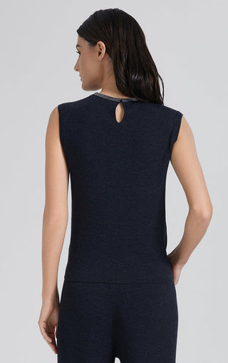 Dark gray wool-silk blend tank top, back view with scoop neck opening