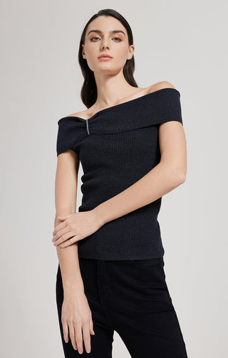 Black off-shoulder ribbed knit top with center tie detail