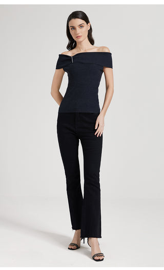 Black off-shoulder ribbed knit top with center tie detail, full view