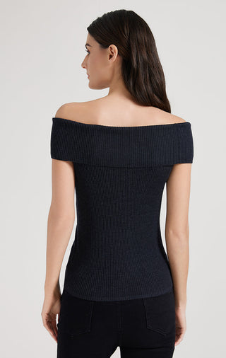 Black off-shoulder ribbed knit top, back view