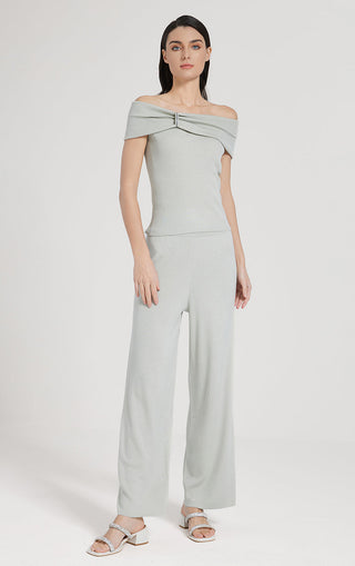 Sage green off-shoulder ribbed knit top with center tie detail