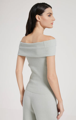 Sage green off-shoulder ribbed knit top, side view