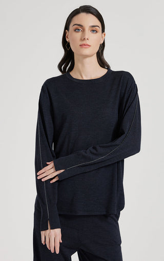 Dark gray long-sleeve knit top with crew neck, relaxed drape