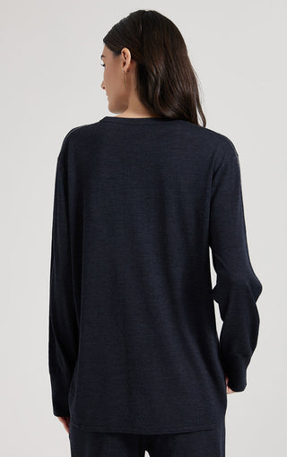 Dark gray wool-silk knit top, long sleeves, crew neck; back view with side seam