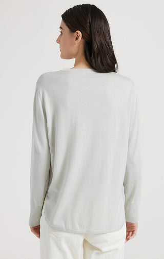 Sage green knit top back view, crew neck, long sleeves