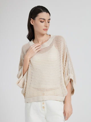 Beige hollowed-out knit pullover with beaded chain neckline, drop-shoulder silhouette