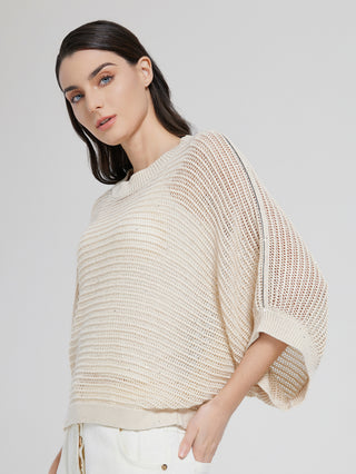 Beige open-knit pullover with ribbed hem and cuffs, beaded chain accents on sleeves
