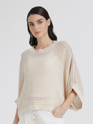 Beige hollow knit pullover with beaded chain detail, relaxed fit, dolman sleeves